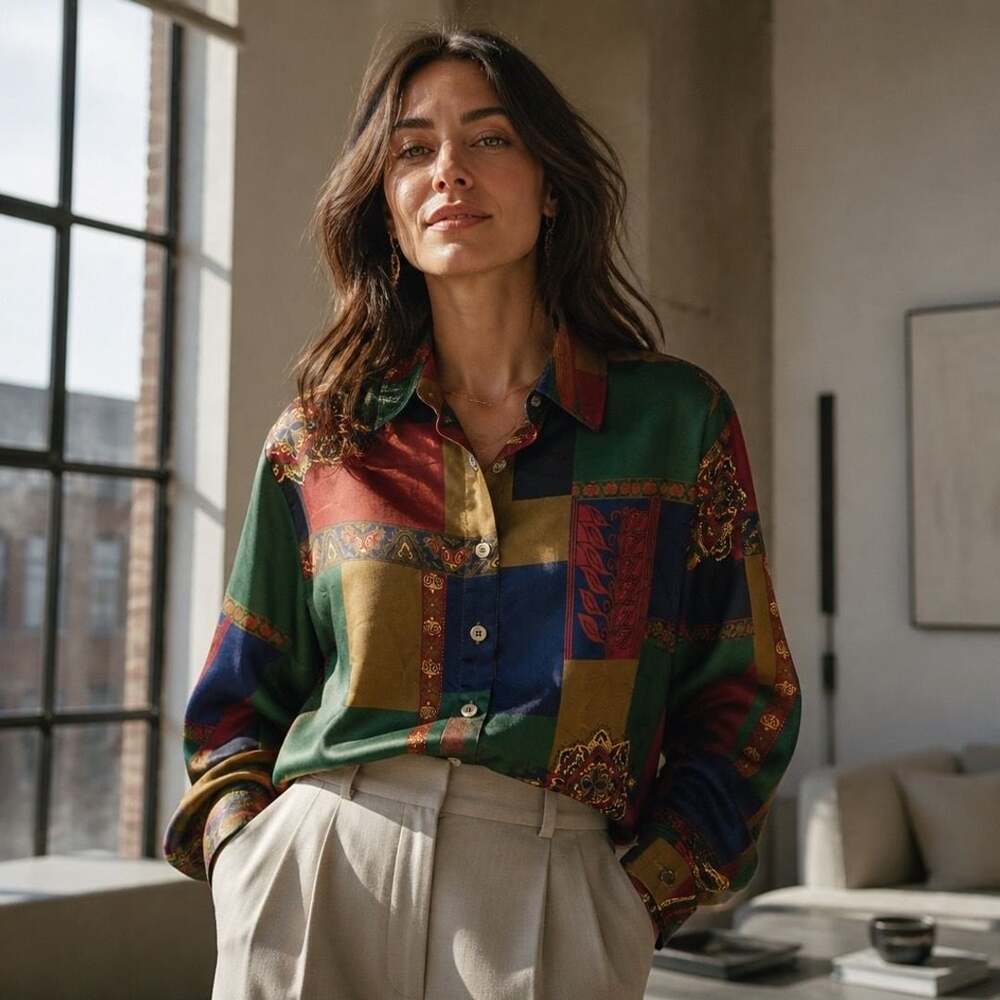 Haband Vintage 90s Multi-Color Geometric Patchwork Print Long Sleeve Button-Up